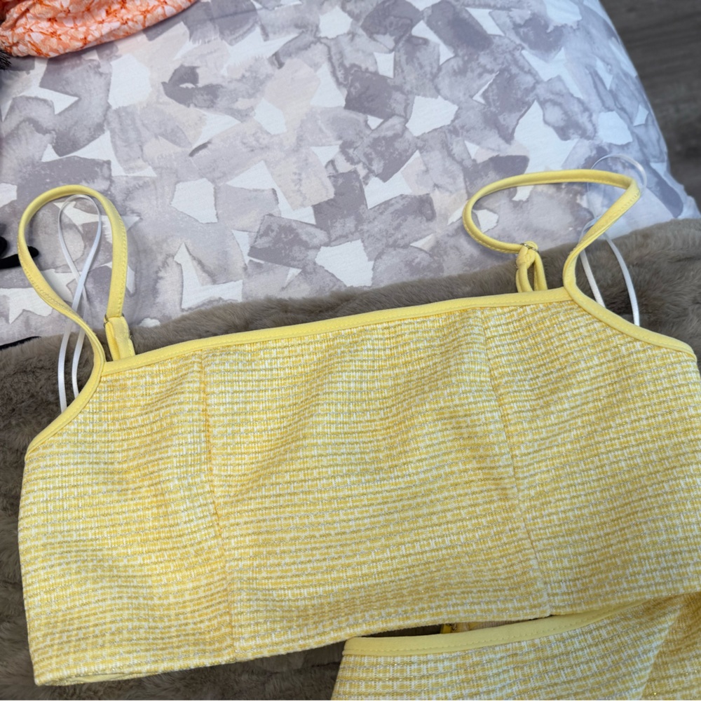 Princess Polly Pale Yellow Tweed Cropped Tank & Skirt Set